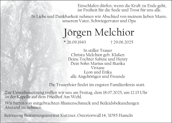 Traueranzeige von Jörgen Melchior von Deister- und Weserzeitung