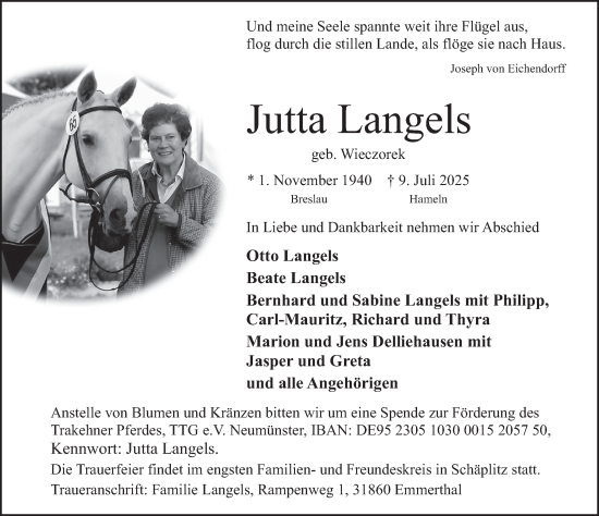 Traueranzeige von Jutta Langels von Deister- und Weserzeitung