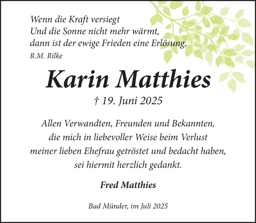  Traueranzeige für Karin Matthies vom 26.07.2025 aus Neue Deister-Zeitung