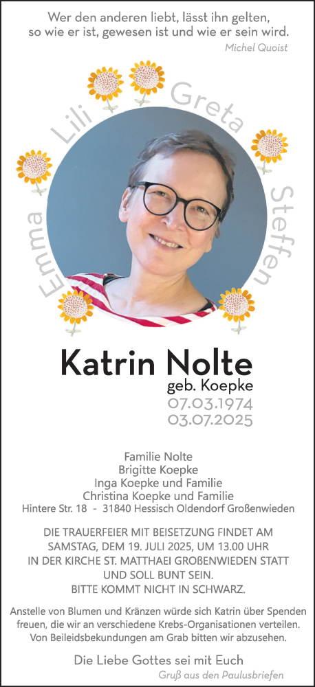 Traueranzeige von Katrin Nolte von Deister- und Weserzeitung