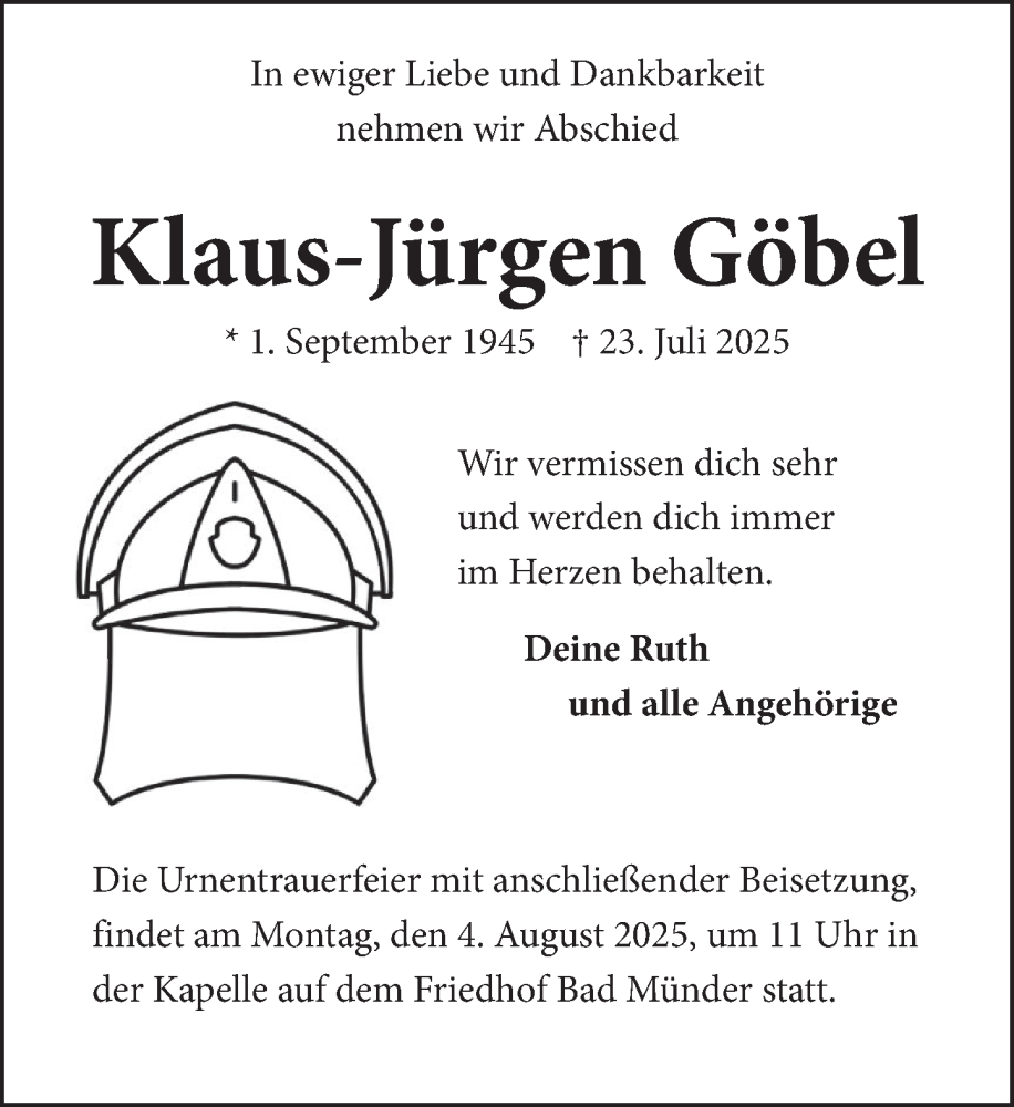  Traueranzeige für Klaus-Jürgen Göbel vom 01.08.2025 aus Neue Deister-Zeitung