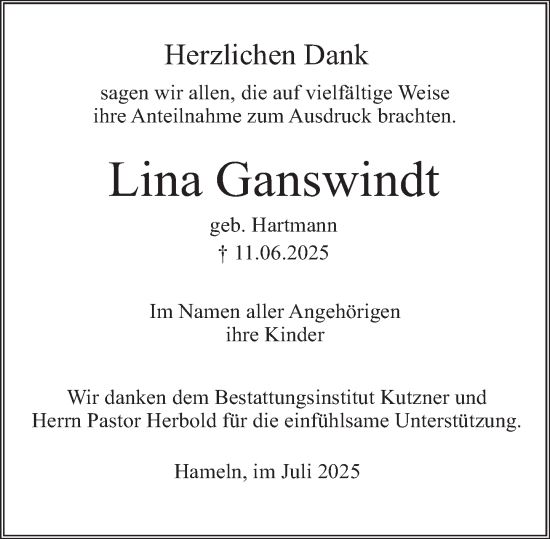 Traueranzeige von Lina Ganswindt von Deister- und Weserzeitung