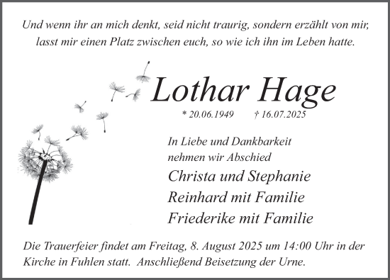 Traueranzeige von Lothar Hage von Deister- und Weserzeitung