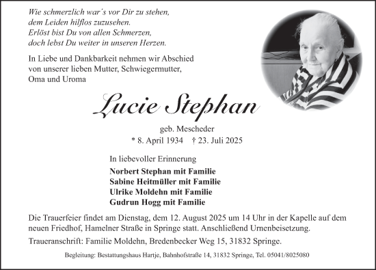 Traueranzeige von Lucie Stephan von Neue Deister-Zeitung