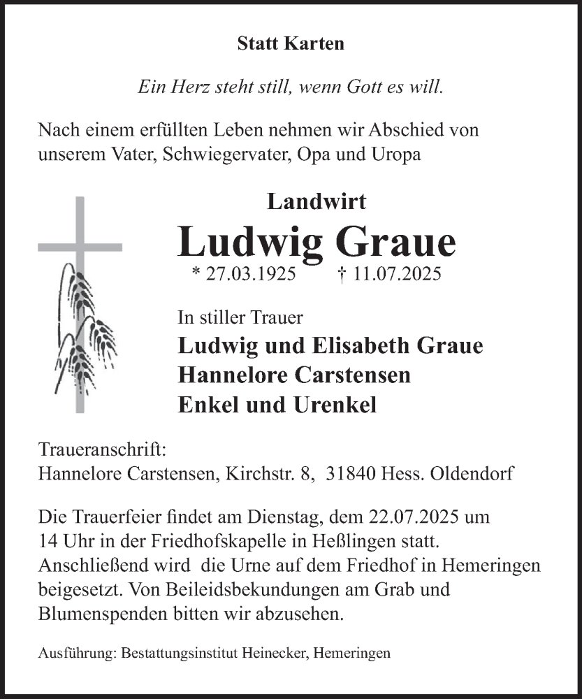  Traueranzeige für Ludwig Graue vom 19.07.2025 aus Deister- und Weserzeitung