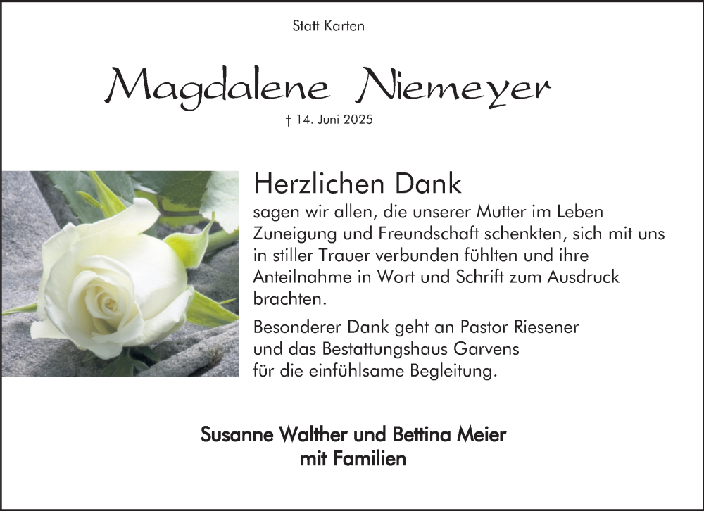  Traueranzeige für Magdalene Niemeyer vom 12.07.2025 aus Deister- und Weserzeitung