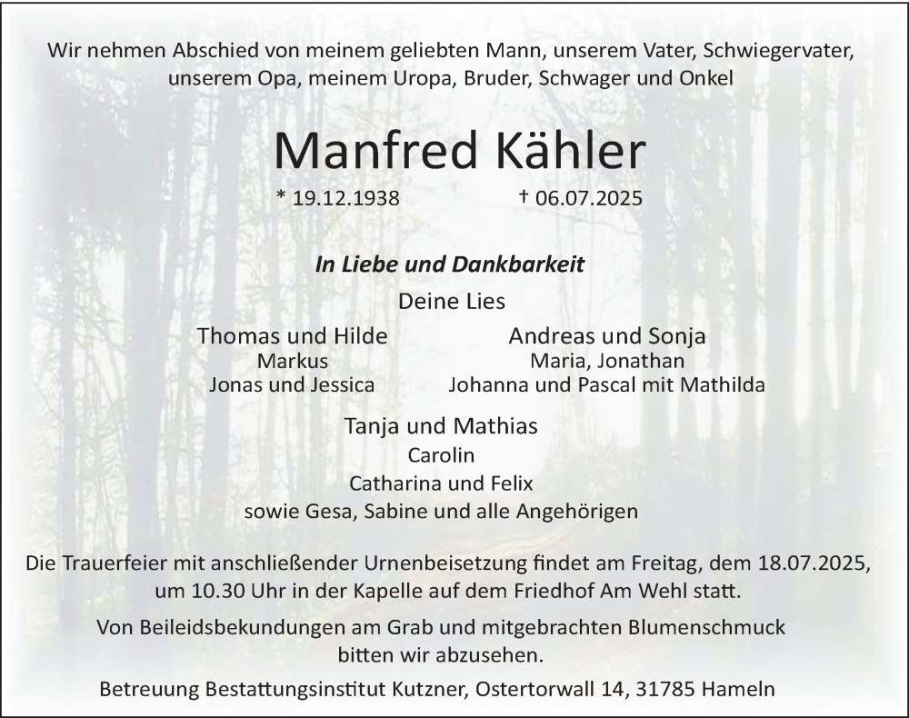  Traueranzeige für Manfred Kähler vom 12.07.2025 aus Deister- und Weserzeitung