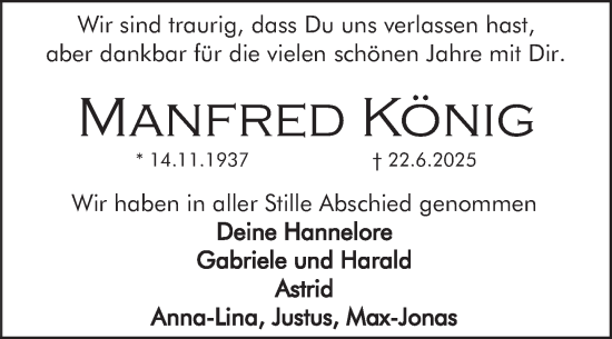 Traueranzeige von Manfred König von Deister- und Weserzeitung