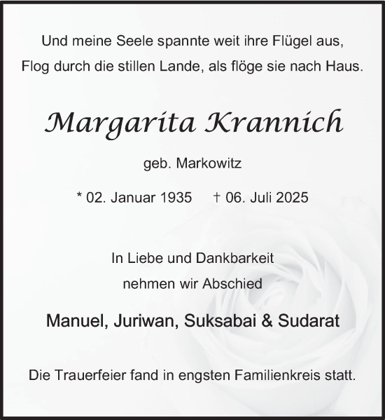 Traueranzeige von Margarita Krannich von Deister- und Weserzeitung