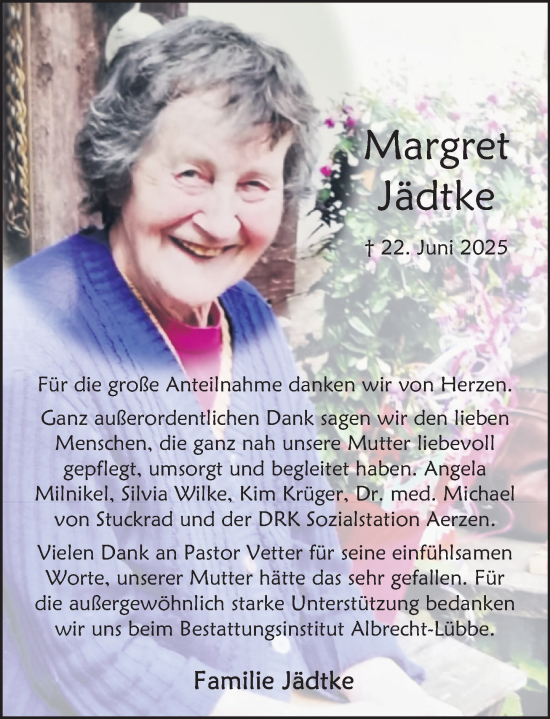 Traueranzeige von Margret Jädtke von Deister- und Weserzeitung