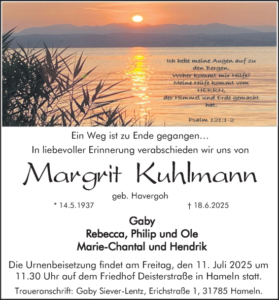 Traueranzeige von Margrit Kuhlmann von Deister- und Weserzeitung