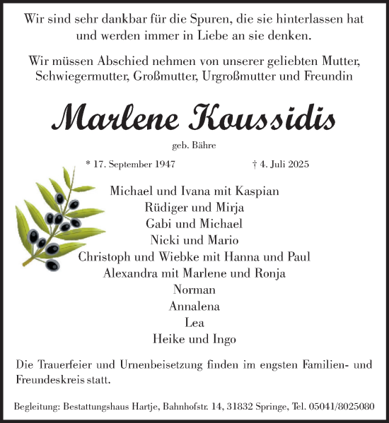Traueranzeige von Marlene Koussidis von Neue Deister-Zeitung