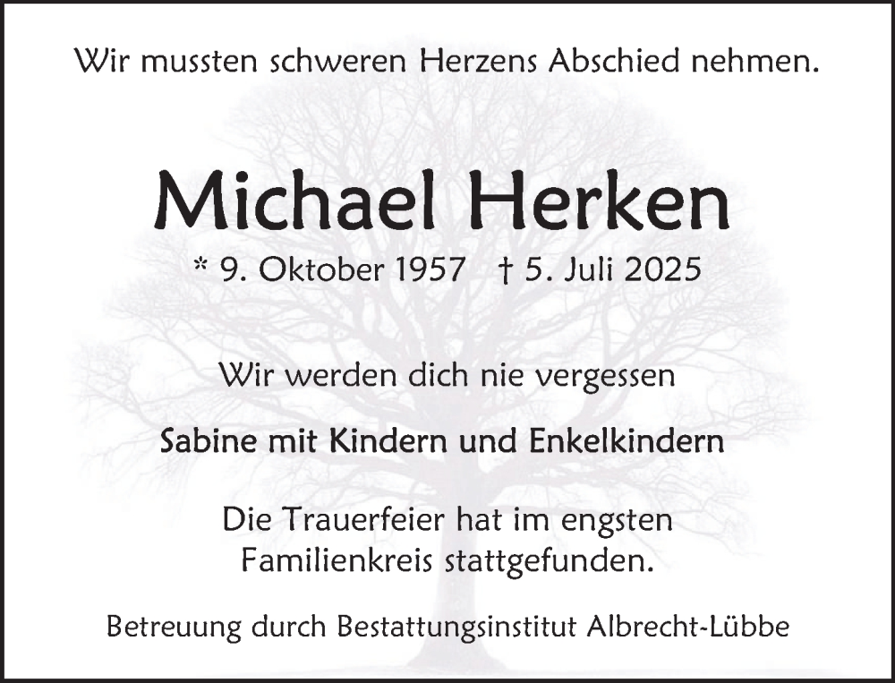  Traueranzeige für Michael Herken vom 26.07.2025 aus Deister- und Weserzeitung