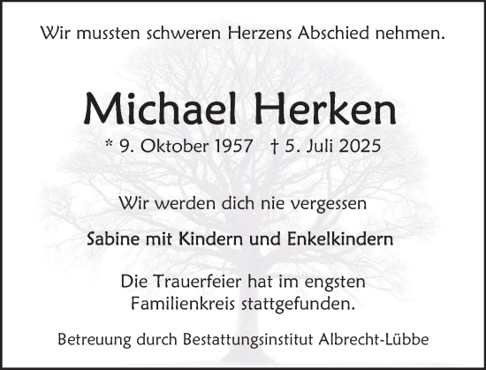 Traueranzeige von Michael Herken von Deister- und Weserzeitung