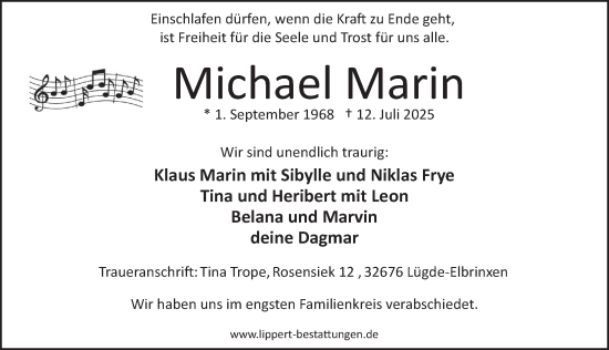 Traueranzeige von Michael Marin von Deister- und Weserzeitung
