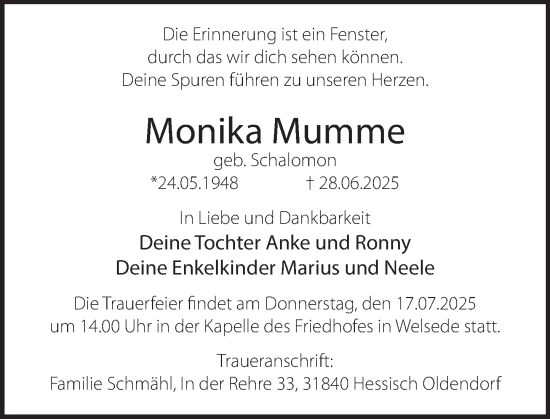 Traueranzeige von Monika Mumme von Deister- und Weserzeitung