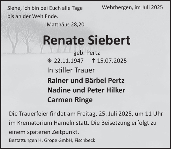 Traueranzeige von Renate Siebert von Deister- und Weserzeitung