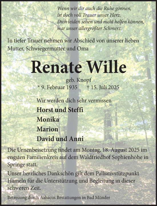 Traueranzeige von Renate Wille von Neue Deister-Zeitung