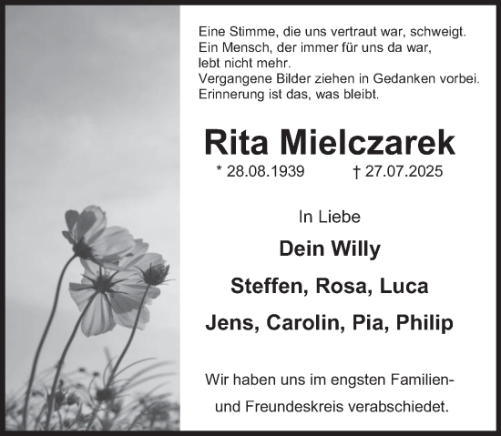 Traueranzeige von Rita Mielczarek von Deister- und Weserzeitung
