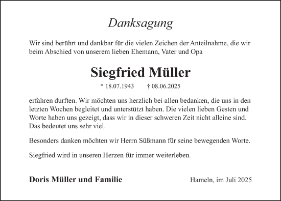 Traueranzeige von Siegfried Müller von Deister- und Weserzeitung