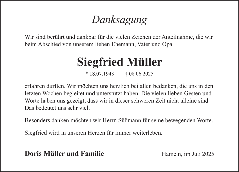  Traueranzeige für Siegfried Müller vom 12.07.2025 aus Deister- und Weserzeitung