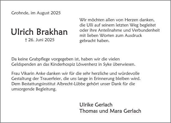 Traueranzeige von Ulrich Brakhan von Deister- und Weserzeitung