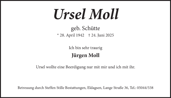 Traueranzeige von Ursel Moll von Neue Deister-Zeitung