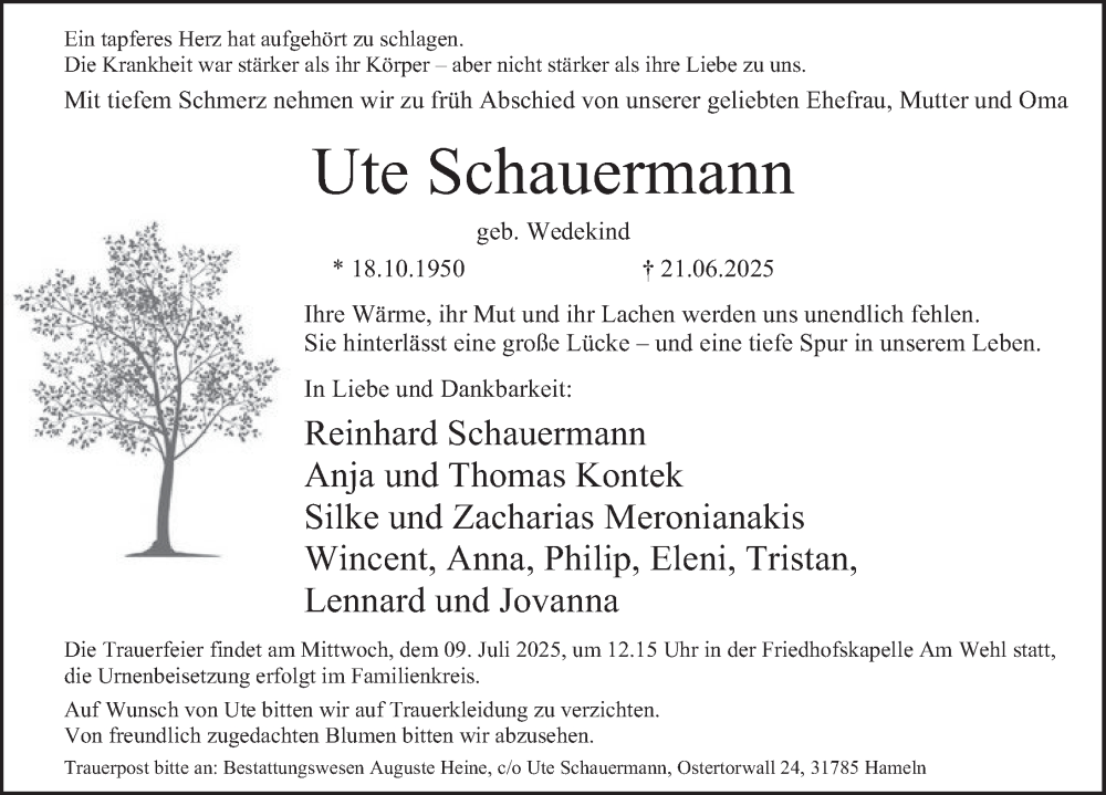  Traueranzeige für Ute Schauermann vom 05.07.2025 aus Deister- und Weserzeitung