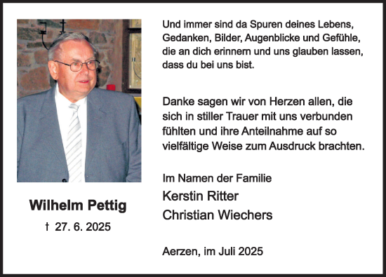 Traueranzeige von Wilhelm Pettig von Deister- und Weserzeitung