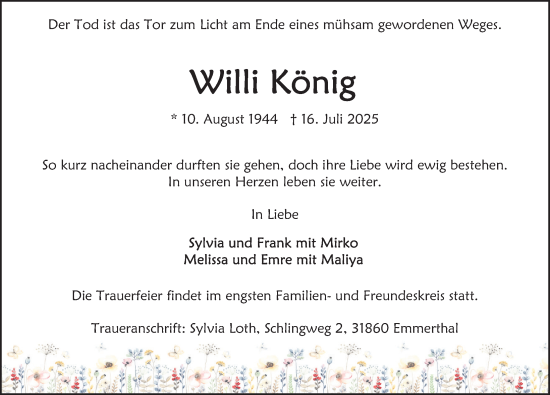 Traueranzeige von Willi König von Deister- und Weserzeitung