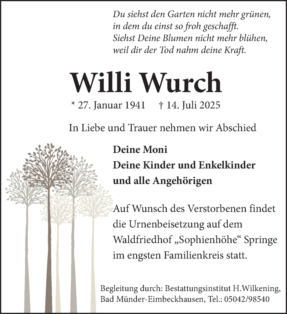  Traueranzeige für Willi Wurch vom 26.07.2025 aus Neue Deister-Zeitung