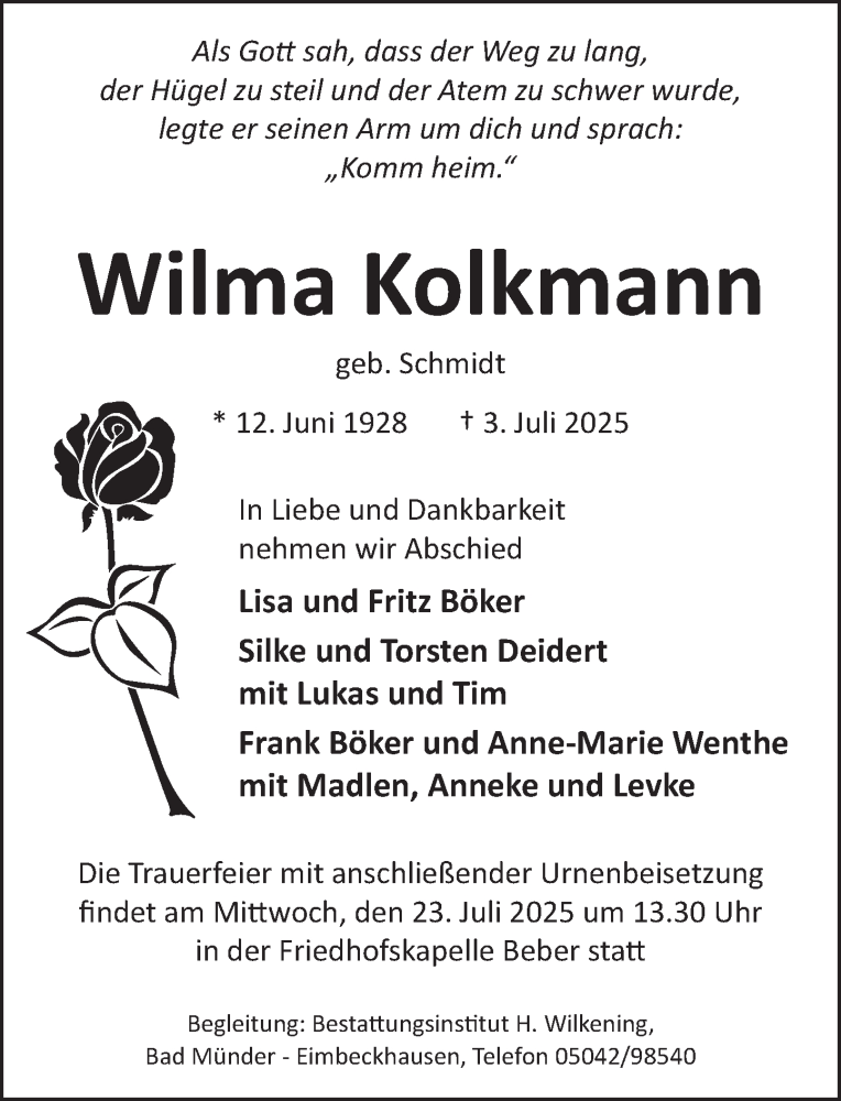  Traueranzeige für Wilma Kolkmann vom 19.07.2025 aus Neue Deister-Zeitung