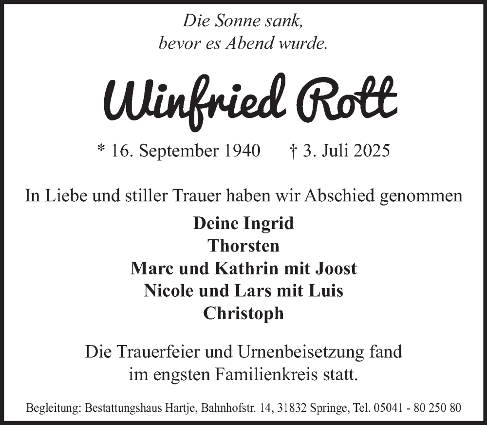  Traueranzeige für Winfried Rott vom 09.08.2025 aus Neue Deister-Zeitung