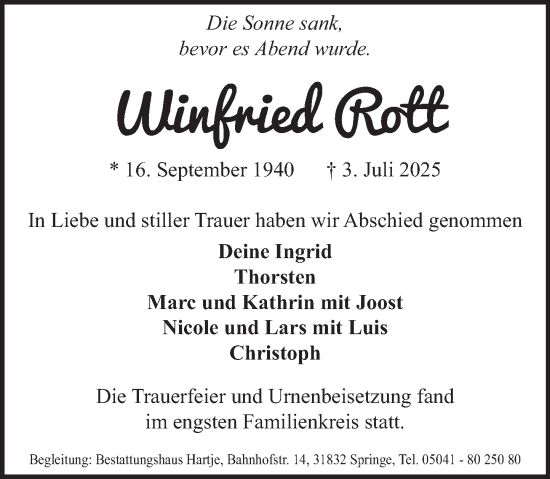 Traueranzeige von Winfried Rott von Neue Deister-Zeitung