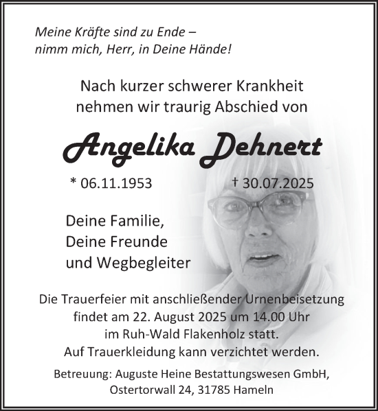 Traueranzeige von Angelika Dehnert von Deister- und Weserzeitung