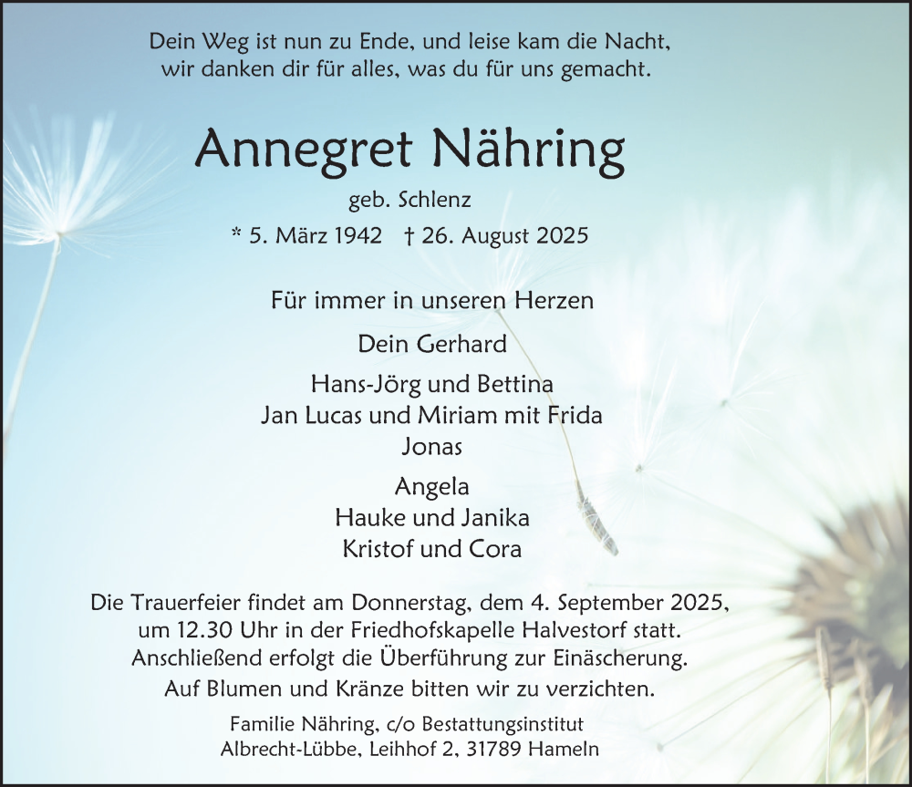  Traueranzeige für Annegret Nähring vom 01.09.2025 aus Deister- und Weserzeitung