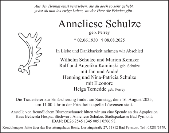 Traueranzeige von Anneliese Schulze von Deister- und Weserzeitung