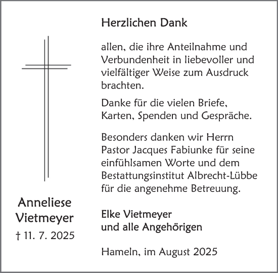 Traueranzeige von Anneliese Vietmeyer von Deister- und Weserzeitung