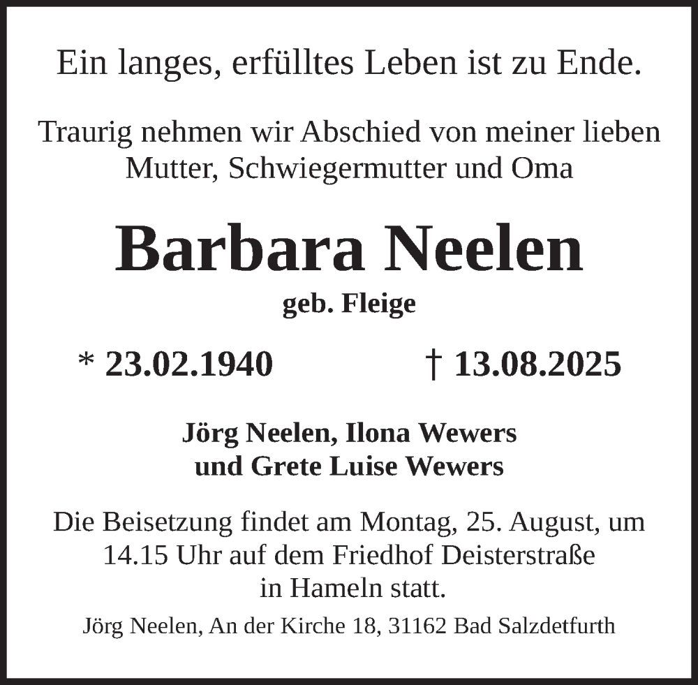  Traueranzeige für Barbara Neelen vom 20.08.2025 aus Deister- und Weserzeitung