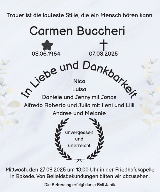 Traueranzeige von Carmen Buccheri von Deister- und Weserzeitung