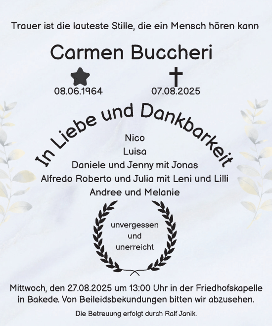 Traueranzeige von Carmen Buccheri von Neue Deister-Zeitung