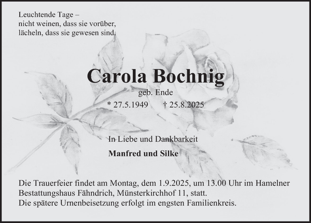  Traueranzeige für Carola Bochnig vom 30.08.2025 aus Deister- und Weserzeitung