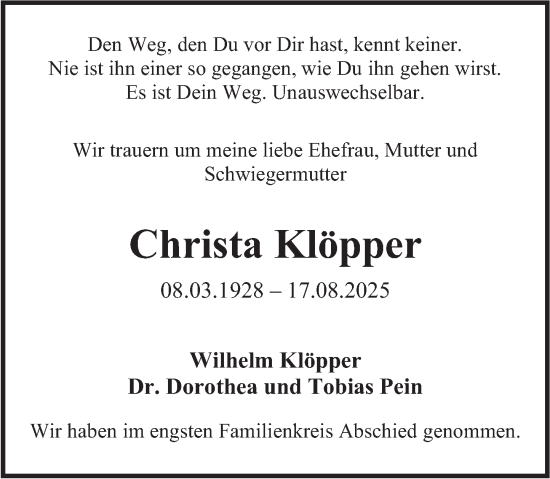 Traueranzeige von Christa Klöpper von Deister- und Weserzeitung