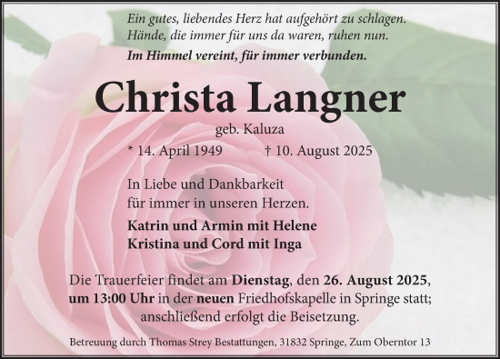 Traueranzeige von Christa Langner von Neue Deister-Zeitung
