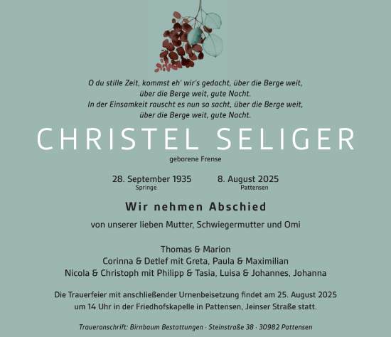 Traueranzeige von Christel Seliger von Neue Deister-Zeitung