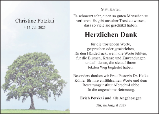 Traueranzeige von Christine Potzkai von Deister- und Weserzeitung