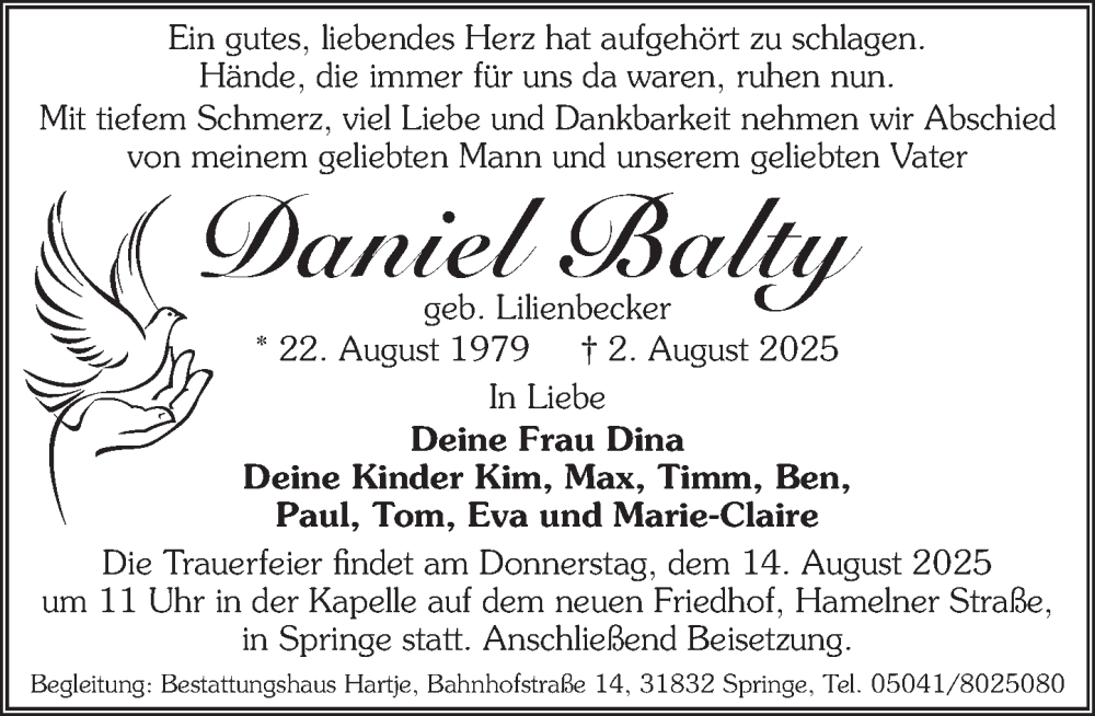  Traueranzeige für Daniel Balty vom 09.08.2025 aus Neue Deister-Zeitung