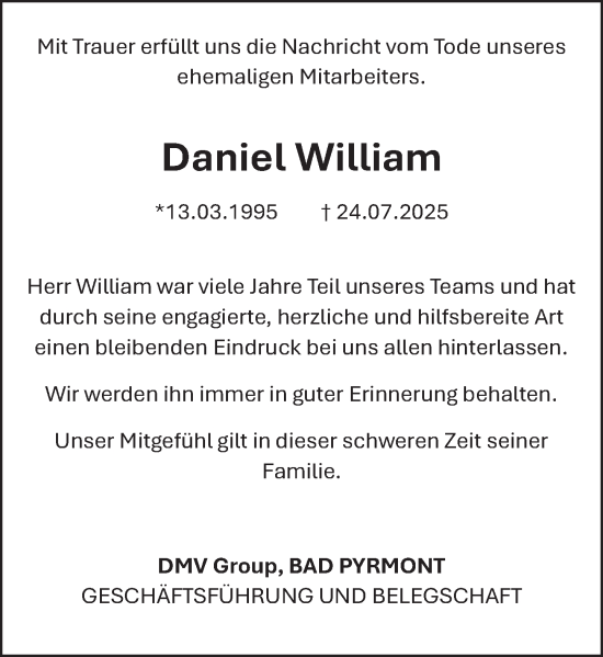 Traueranzeige von Daniel William von Deister- und Weserzeitung
