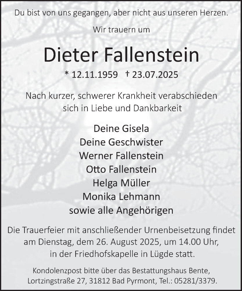  Traueranzeige für Dieter Fallenstein vom 16.08.2025 aus Deister- und Weserzeitung