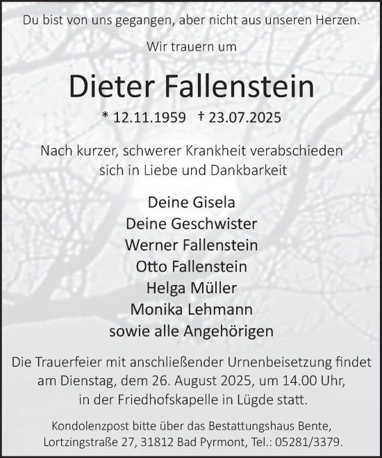 Traueranzeige von Dieter Fallenstein von Deister- und Weserzeitung